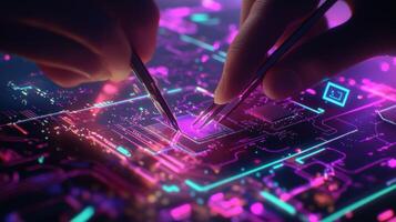 Technicians repairing microchip on futuristic circuit board with neon lights photo