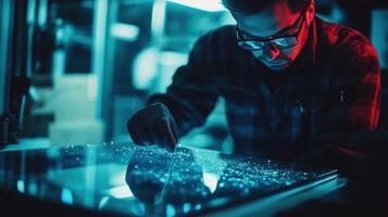 Scientist analyzing glowing particles on interactive touchscreen table in futuristic laboratory photo