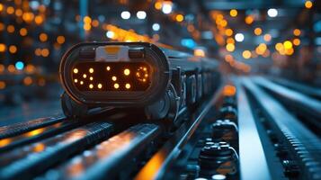 Futuristic automated guided vehicle moving on assembly line in a smart factory photo