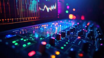 Professional audio mixer and computer showing music production software with charts and colorful bokeh photo