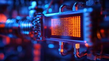 Futuristic industrial device displaying complex data in orange on blue background photo