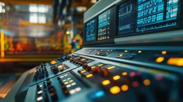 Control panel monitoring industrial manufacturing process with computer screens displaying data and information photo