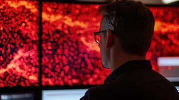 Businessman analyzing big data on multiple computer screens photo