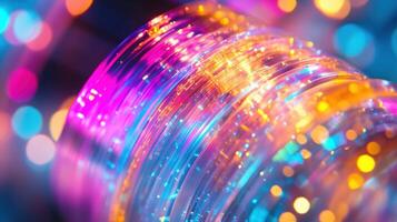 Fiber optic cable transmitting data with glowing bokeh effect photo