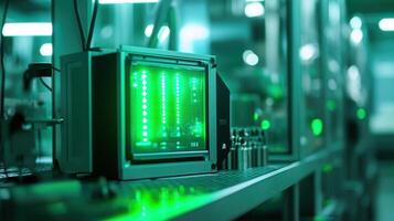 Futuristic industrial control panel displaying green binary code in modern factory photo