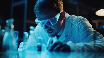 Scientist wearing protective glasses working with pipette and flasks in laboratory at night photo