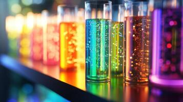 Test tubes with colorful and sparkling liquids creating a rainbow effect on a dark surface photo
