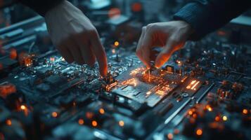 Electronics engineers working on motherboard installing microchip, close up photo