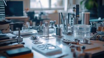 High tech components and microchips lying on metal table in a modern laboratory photo
