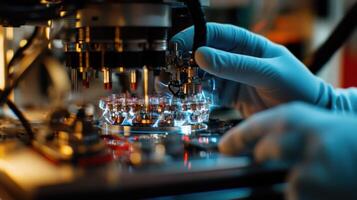 Microelectronics engineer placing microchip on automated production line photo