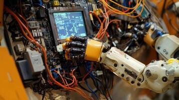 Robotic arm interacting with circuit board and display screen photo
