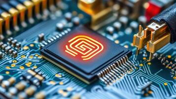 Fingerprint glowing on computer microchip showing cybersecurity and biometric identification photo