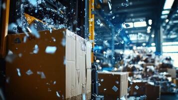 Forklift moving cardboard boxes in a busy recycling center with flying paper scraps photo