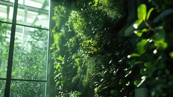Lush green wall bringing nature indoors by large window photo