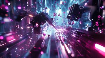 Robotic arms working on assembly line in futuristic factory photo