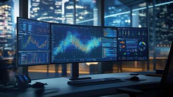 Modern workplace showing analytics and data on multiple computer screens at night photo