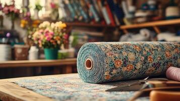 Fabric roll resting on workbench in a craft workshop with flowers and books in the background photo