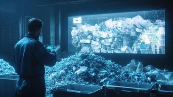 Waste management engineer using futuristic interface analyzing plastic waste for recycling photo