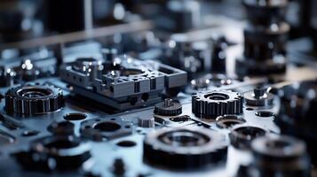 Complex metallic gears and cogs working together in a mechanism photo