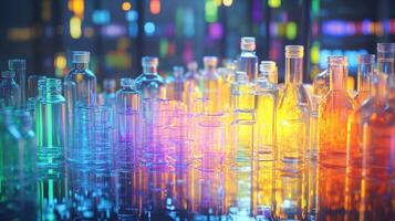 Empty glass bottles and jars reflecting neon lights creating colorful reflections photo