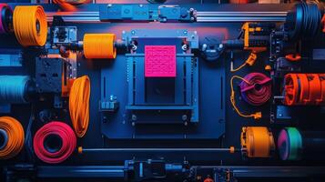 3d printer creating pink object with colorful filaments, futuristic manufacturing process photo