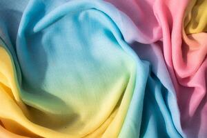 wavy spiral crumpled Gradient yellow blue pink and green fabric background texture with copy space. photo