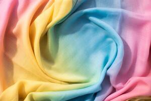 Gradient yellow blue pink and green fabric wavy spiral crumpled background texture with copy space. photo