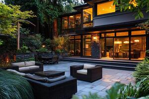 Outdoor patio with armchairs and tables in a luxury house photo