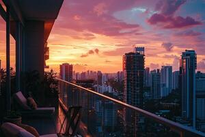 Sunset view from the balcony with modern building in Bangkok, Thailand photo