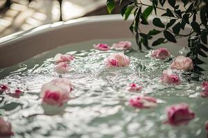 Pink rose petals floating in bathtub with water drops and green leaves photo