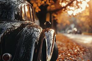 Retro car on the street in autumn. Close-up photo