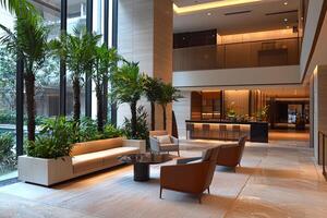 Interior of a hotel lobby with sofa, armchairs and plants photo