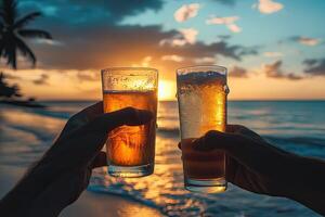 Two hands holding two glasses of beer on the beach at sunset photo