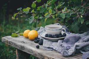 Cup of tea with lemon and blackberries on a wooden bench in the garden photo