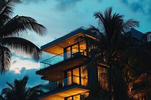 Modern apartment building exterior with palm trees at sunset. Luxury home photo