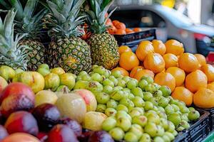 Pineapple, kiwi, pomegranate and other fruits in a market photo