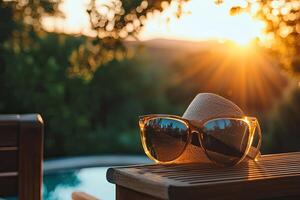 Sunglasses and hat on wooden table in swimming pool at sunset photo