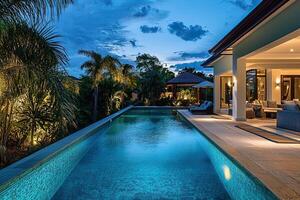 Swimming pool at luxury villa at night photo