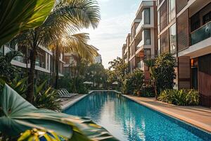 Swimming pool in luxury hotel resort with palm trees and blue sky photo