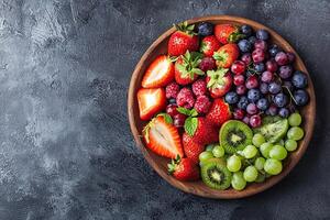 Mix of fresh berries in wooden bowl on dark background. Top view, copy space photo