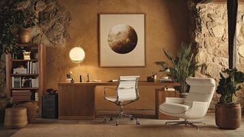 A bohemian style home office with a natural wood desk, a modern white armchair photo