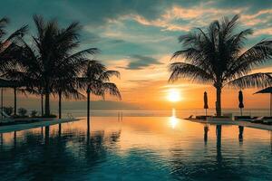 Beautiful Silhouette palm tree with umbrella and chair around swimming pool in hotel resort at sunrise times - Vintage Filter and Boost up color Processing photo
