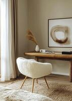 A bohemian style home office with a natural wood desk photo