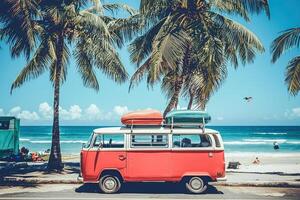 Vintage retro car on the beach with palm trees and blue sky photo