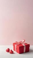 vertical illustration of a gift box with red hearts around it to represent love and romance for valentine's day. photo