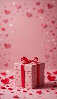 vertical illustration of a elegant decorated gift box with red hearts around it to represent love and romance for valentine's day. photo