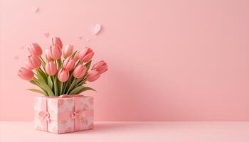 bouquet of tulips on a pink background.An empty space for the text. Gift boxes with bows photo