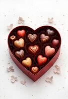 A box of heart-shaped chocolates. Red box, light background. Vertical location photo