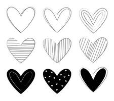 Black line and fill hearts. Black and red heart shapes on white background. Red hearts. vector