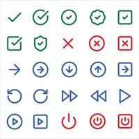 Set of tick, cross, play and power icon. Green and red tick, cross, play and power icon. vector